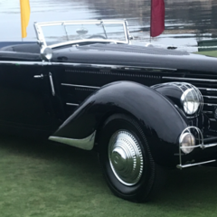 this example is the second of only three Riviera Convertible Sedans built by the Brunn Coachworks of Buffalo, New York, and is the only one built on the shorter 142.5 chassis with a naturally aspirated, straight-eight 265 horsepower engine. It was the first four-door convertible to have a fold-down top that could be completely concealed when folded. After passing through the hands of several owners, it was bought by Frank Lloyd Wright’s son-in-law, William Wesley Peters of Wisconsin, who passed it on to Jim Aiken in 1967. This elegant, luxurious and mechanically advanced model is believed to have been constructed near the close of 1933, and has been slightly adapted to feature a modernized fender skirt and trunk rack. 